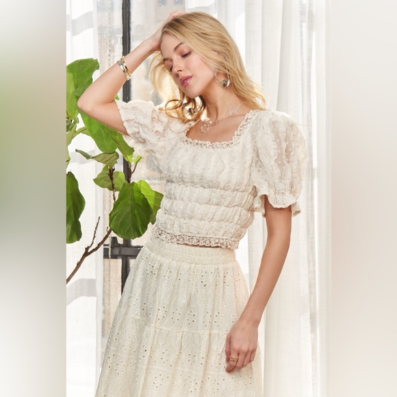 ADORA Lace Smocked Waist Peasant Top - Picture 13 of 16